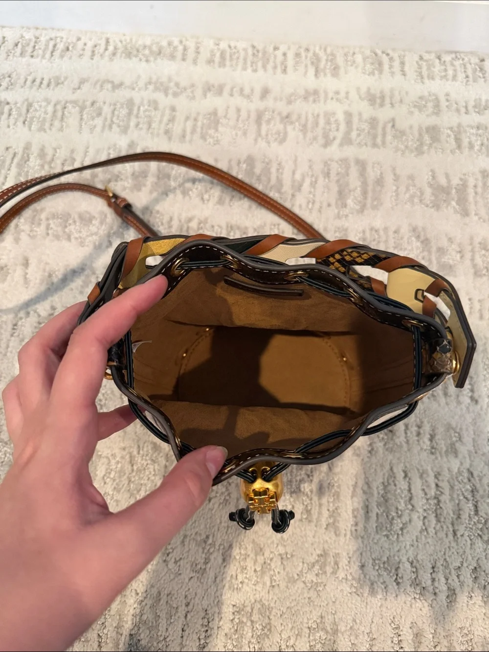 Tory Burch Cream & Brown Logo Canvas Bucket Bag with Eyelet Trim (NEVER USED)